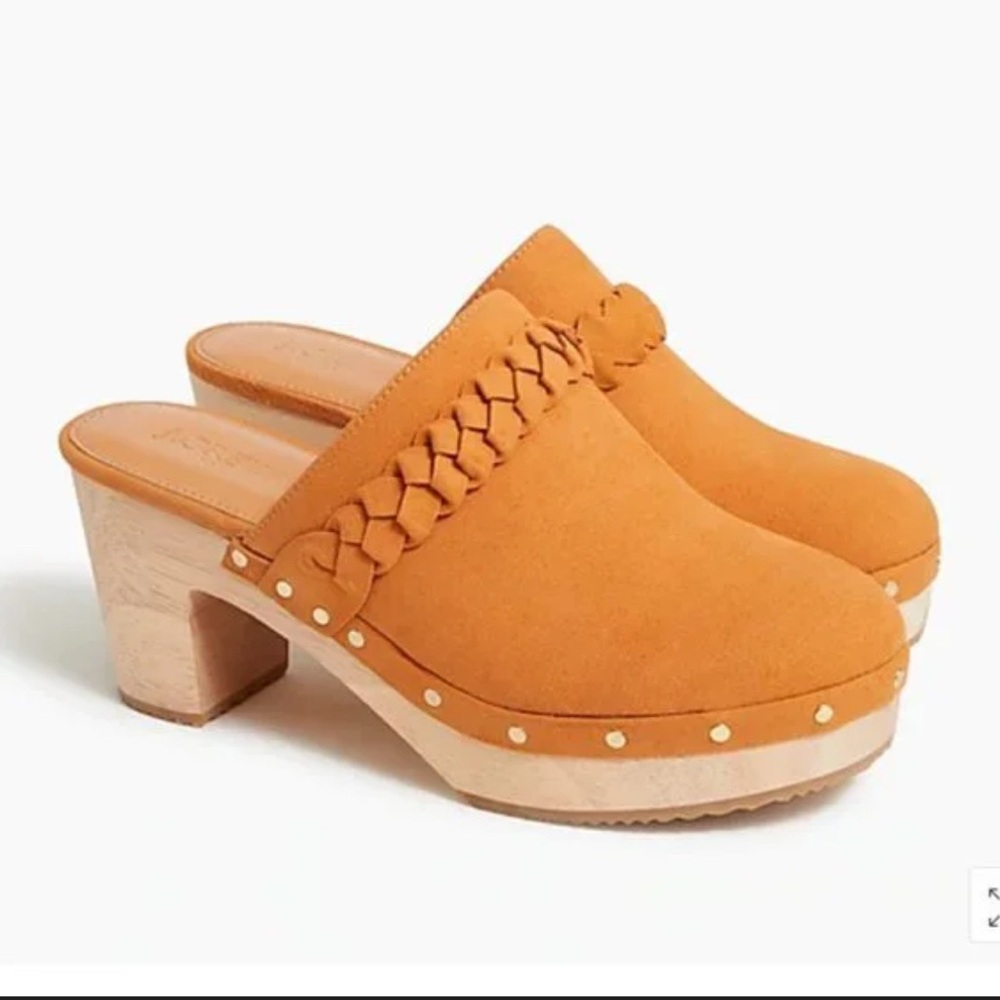 J. Crew 9.5 Shoes Camel Faux‎ Suede Clogs Wood like heel platform braided boho